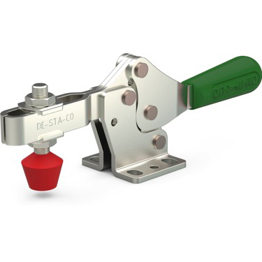 Low profile, horizontal hold down clamp with large handle clearance, flanged base, and U-bar.