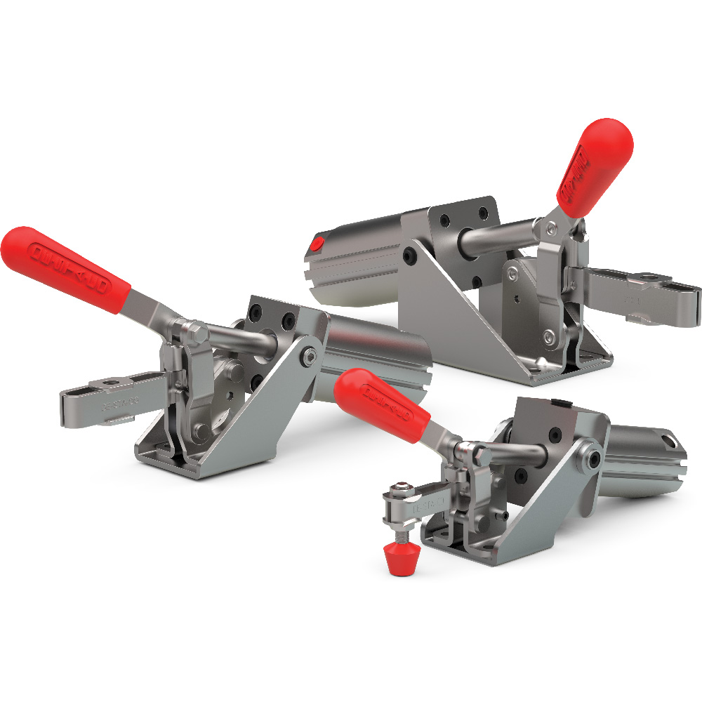 Destaco’s 807-UH Series pneumatic hold down clamps with handle feature sensor ready for round or T-slot style sensors, built-in flow restriction that eliminates the need for external flow controls, and function as the pneumatic version of the Series 207 manual clamps.